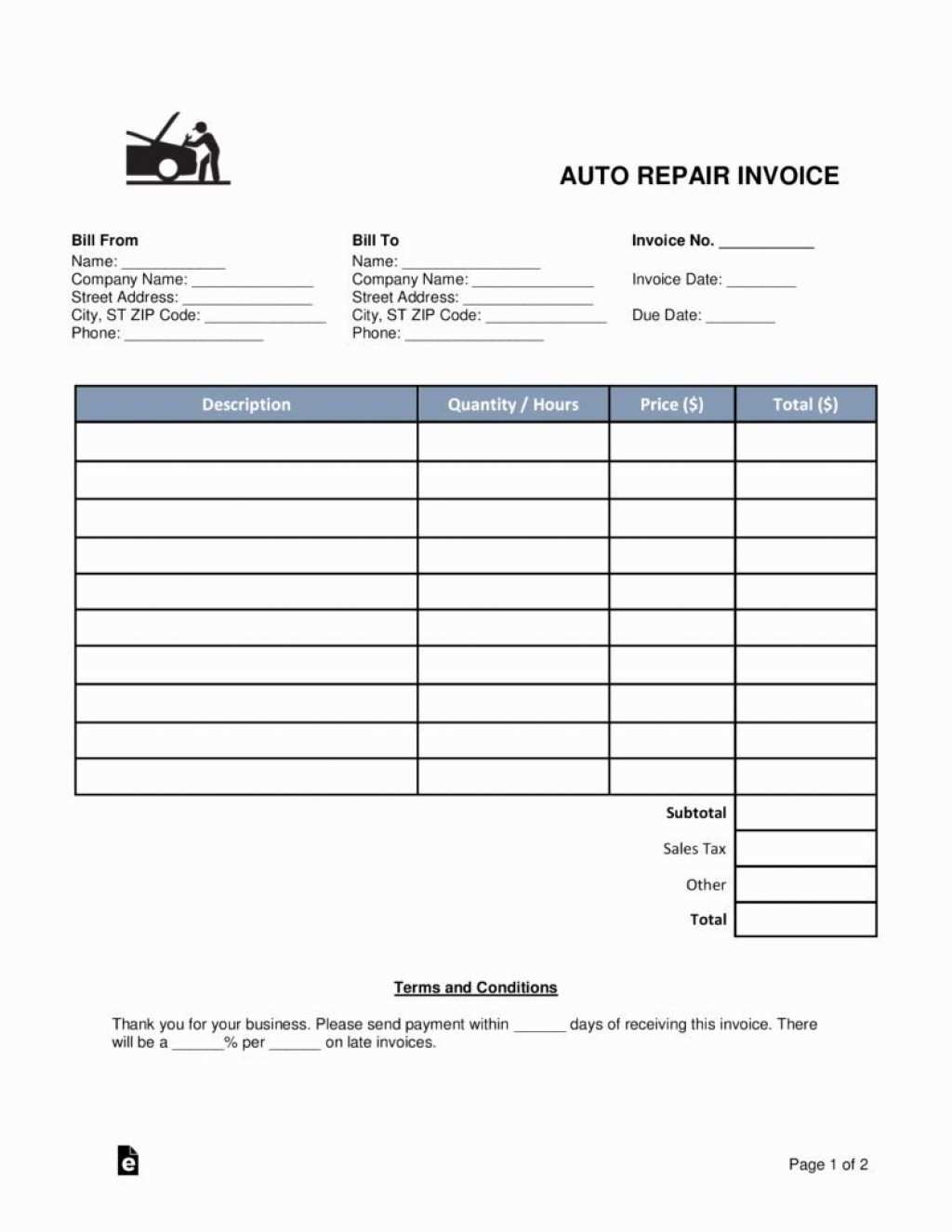 Body Shop Repair Invoice Template