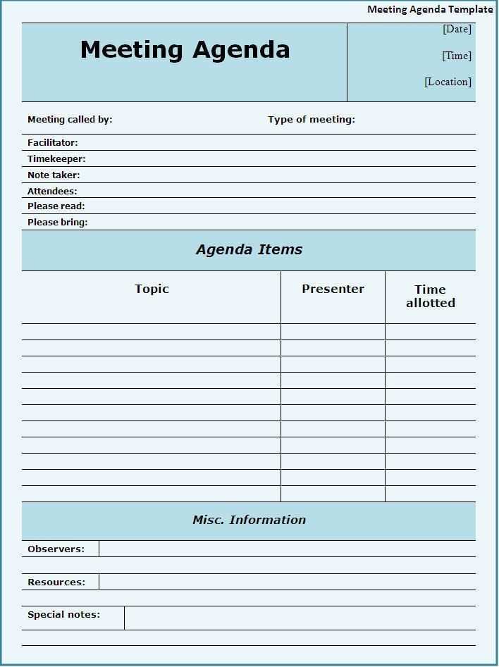 12 Printable Meeting Agenda Template Word In Word With Meeting Agenda Template Word Cards Design Templates