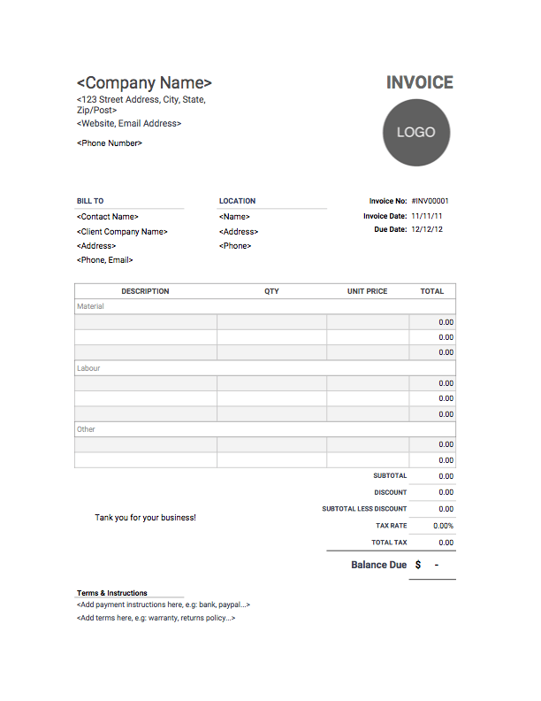 Parts And Labor Invoice Template Free