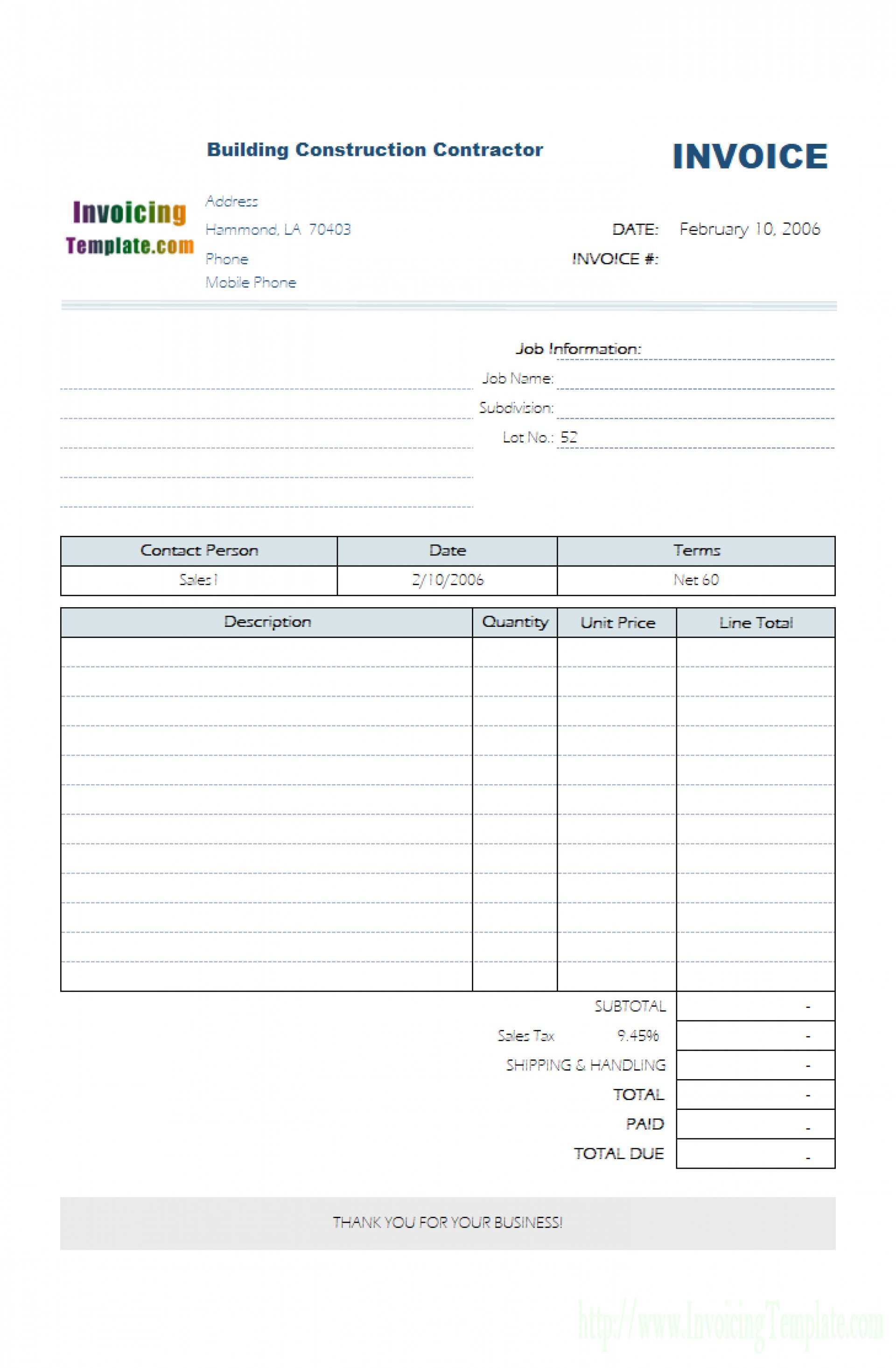 Self Employed Construction Invoice Template - Cards Design Templates