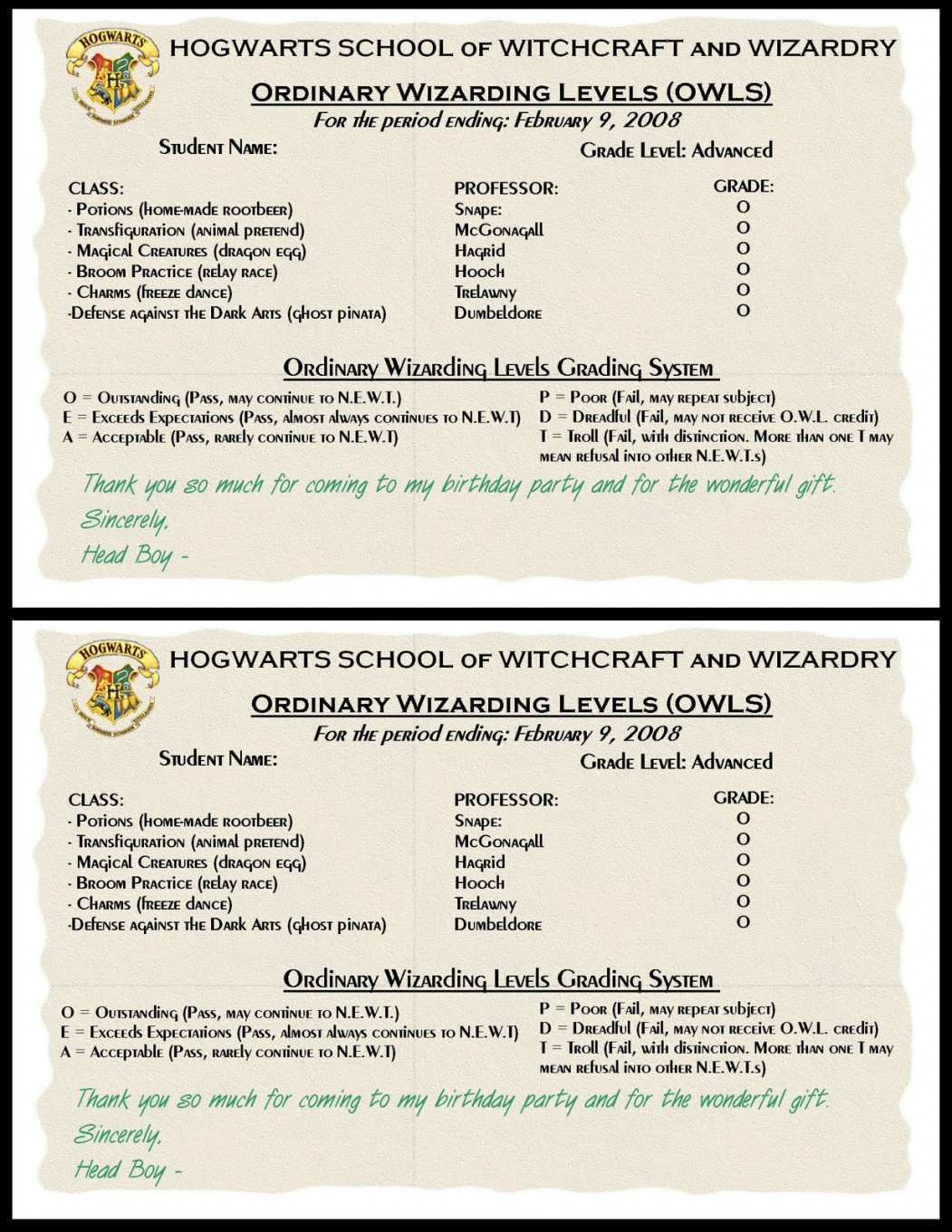 Hogwarts Schedule Template