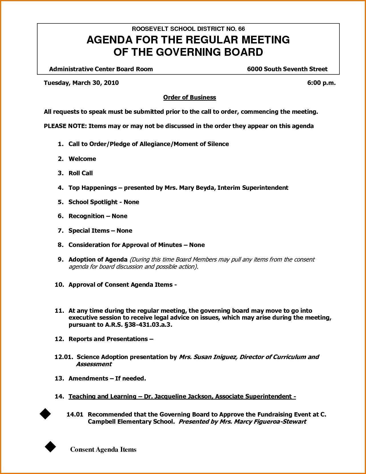 Non Profit Board Meeting Agenda Template