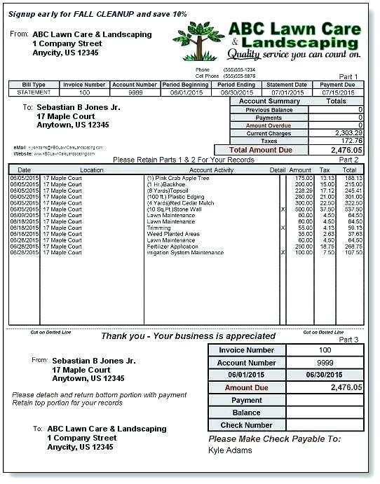 lawn maintenance invoice template cards design templates