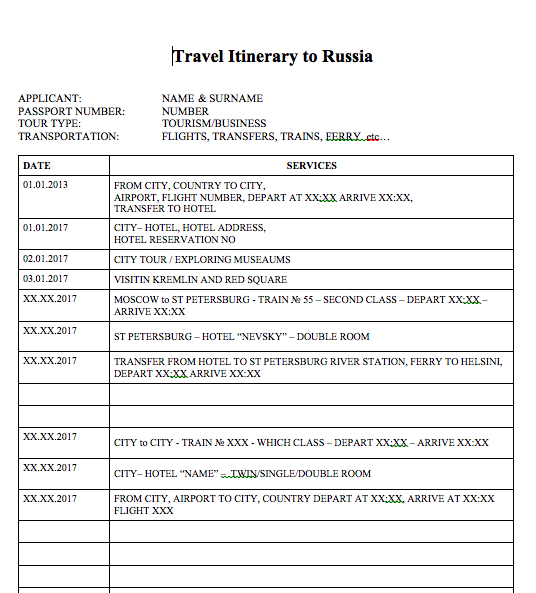 travel itinerary for visa template