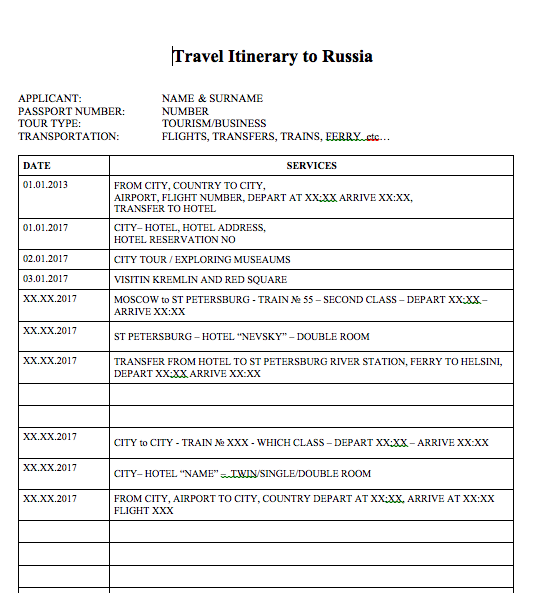 Travel Itinerary Template For Visa Application Cards Design Templates