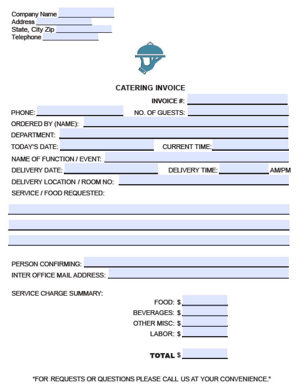 Blank Catering Invoice Template Cards Design Templates