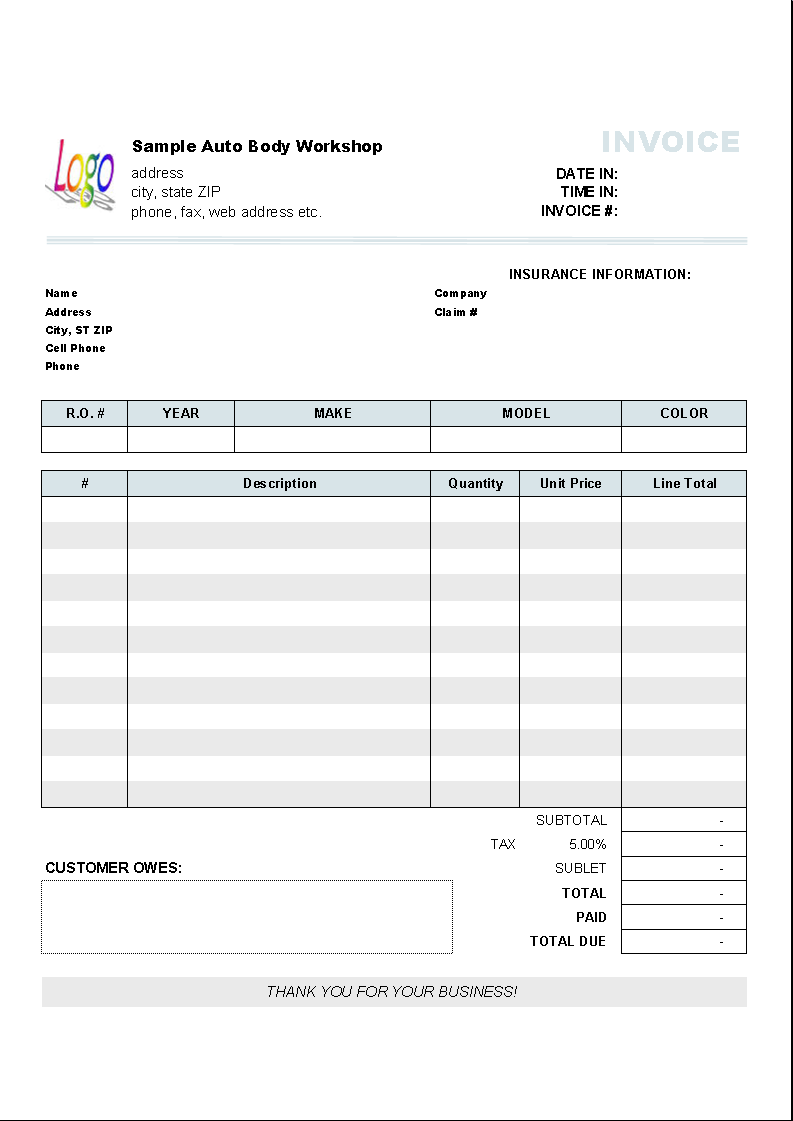 32 Free Garage Invoice Example in Word for Garage Invoice Example