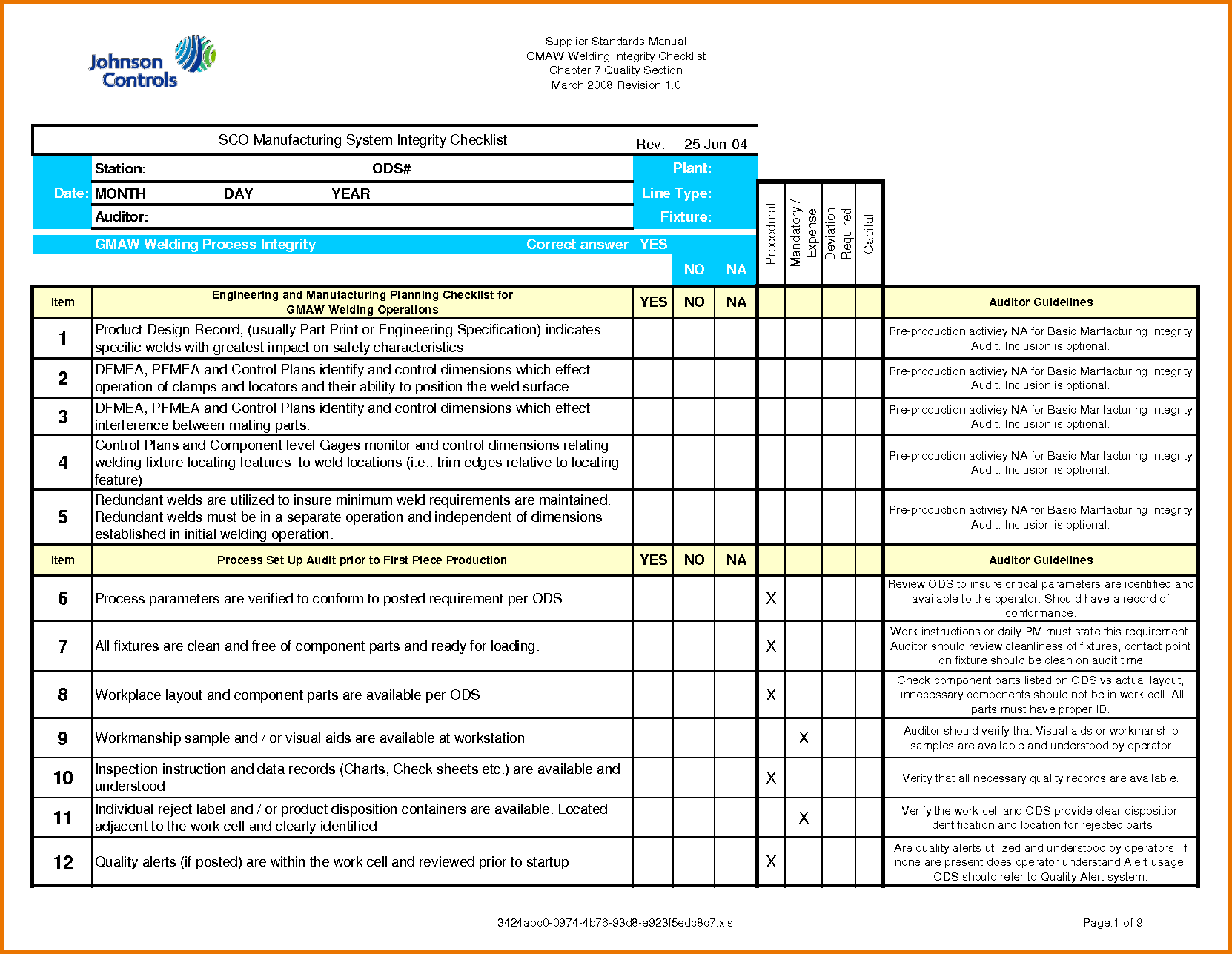  Supplier Standards Manual, Johnson Controls, Chapter 7, Quality Section, March 2008 Revision 1.0, SC0 Manufacturing System Integrity Checklist, Cloud service data audit plan and automated tools.