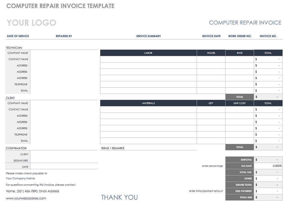 computer repair invoice template excel cards design templates