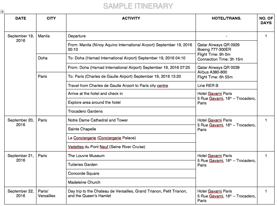 Travel Itinerary Template For Visa Application Cards Design Templates