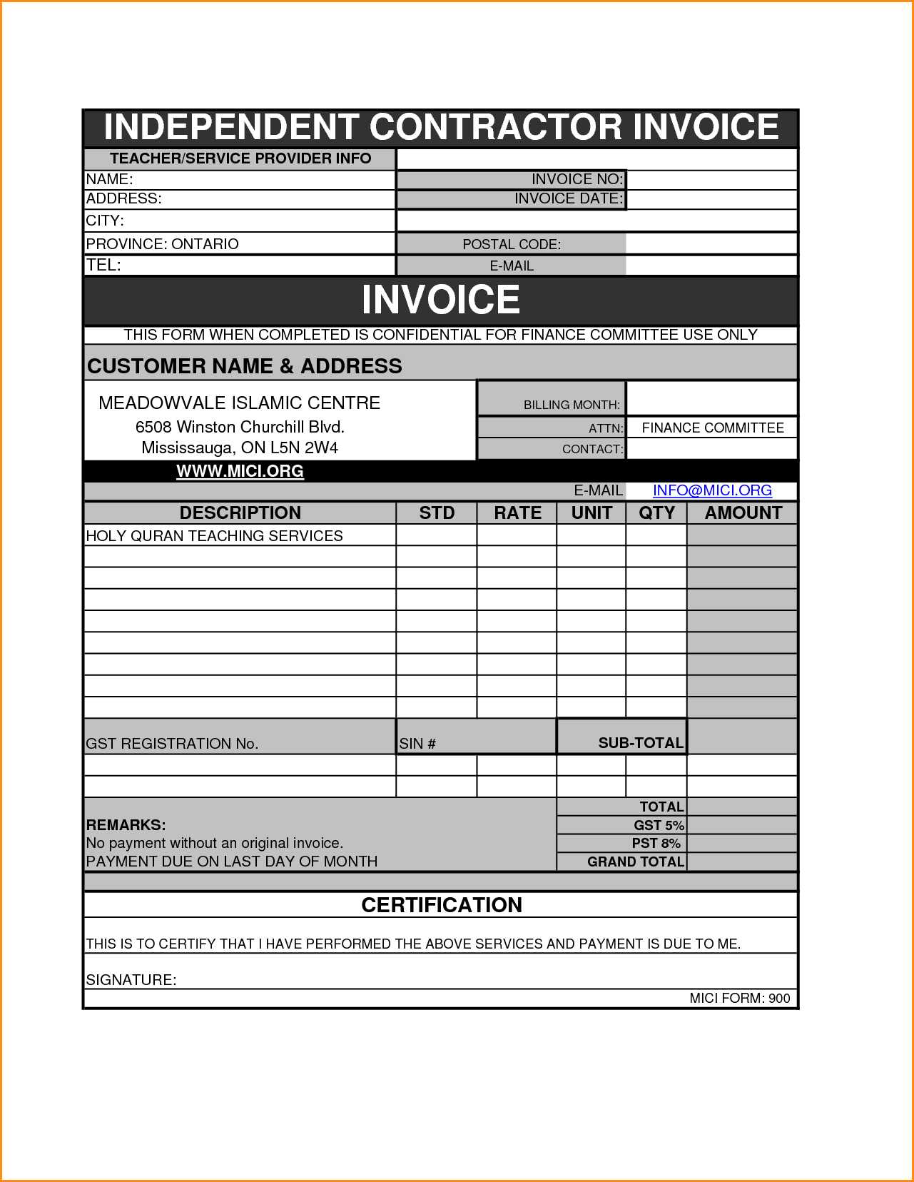 Free Printable Construction Invoice Template