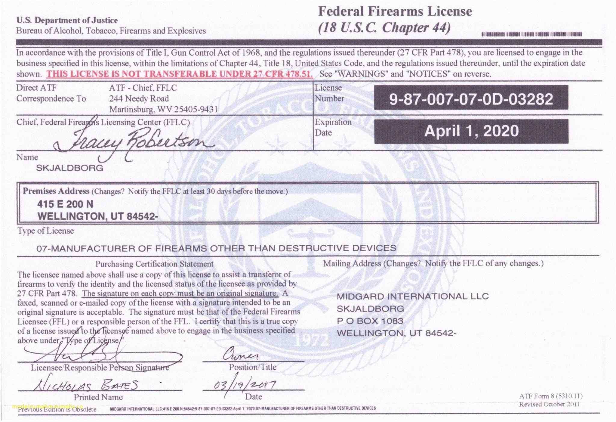 Accepted name. FFL. License form. Federal documents. Firearms License cop.