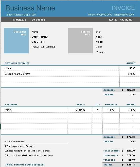 garage invoice template pdf cards design templates