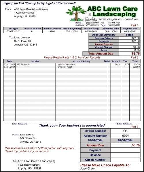 Lawn Maintenance Invoice Template Cards Design Templates