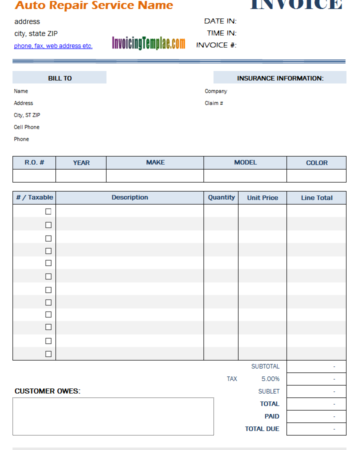 car repair invoice template pdf cards design templates