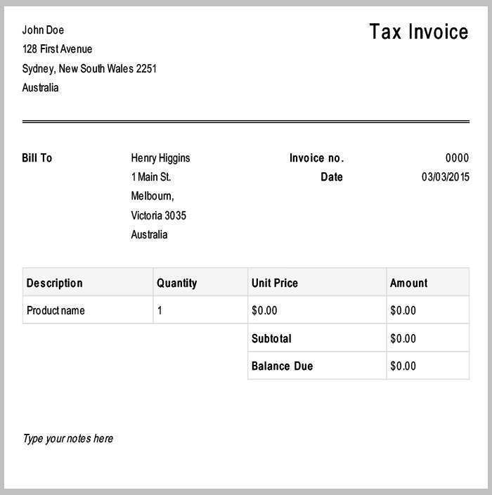 Tax Invoice Template Word Australia