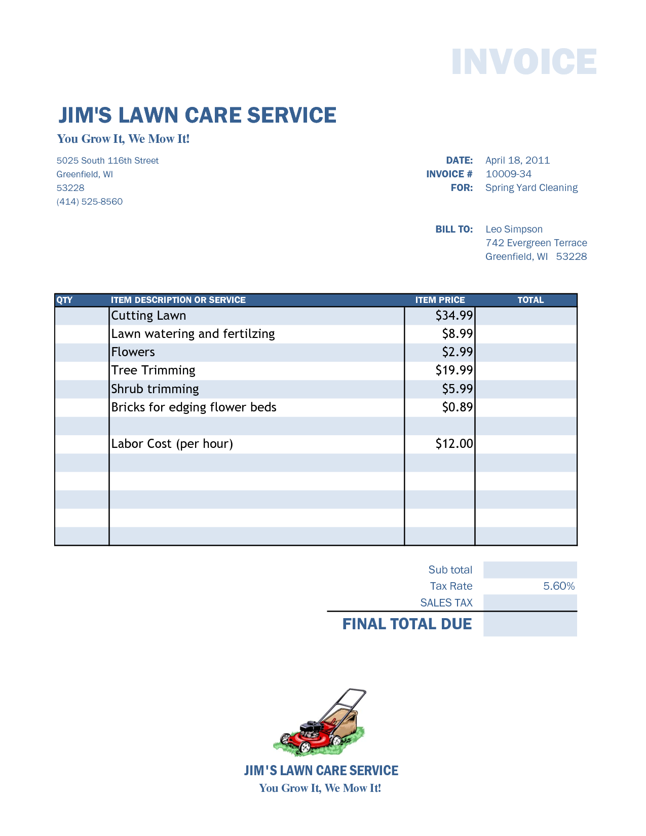62 Printable Lawn Care Service Invoice Template Download with Lawn Care Service Invoice Template