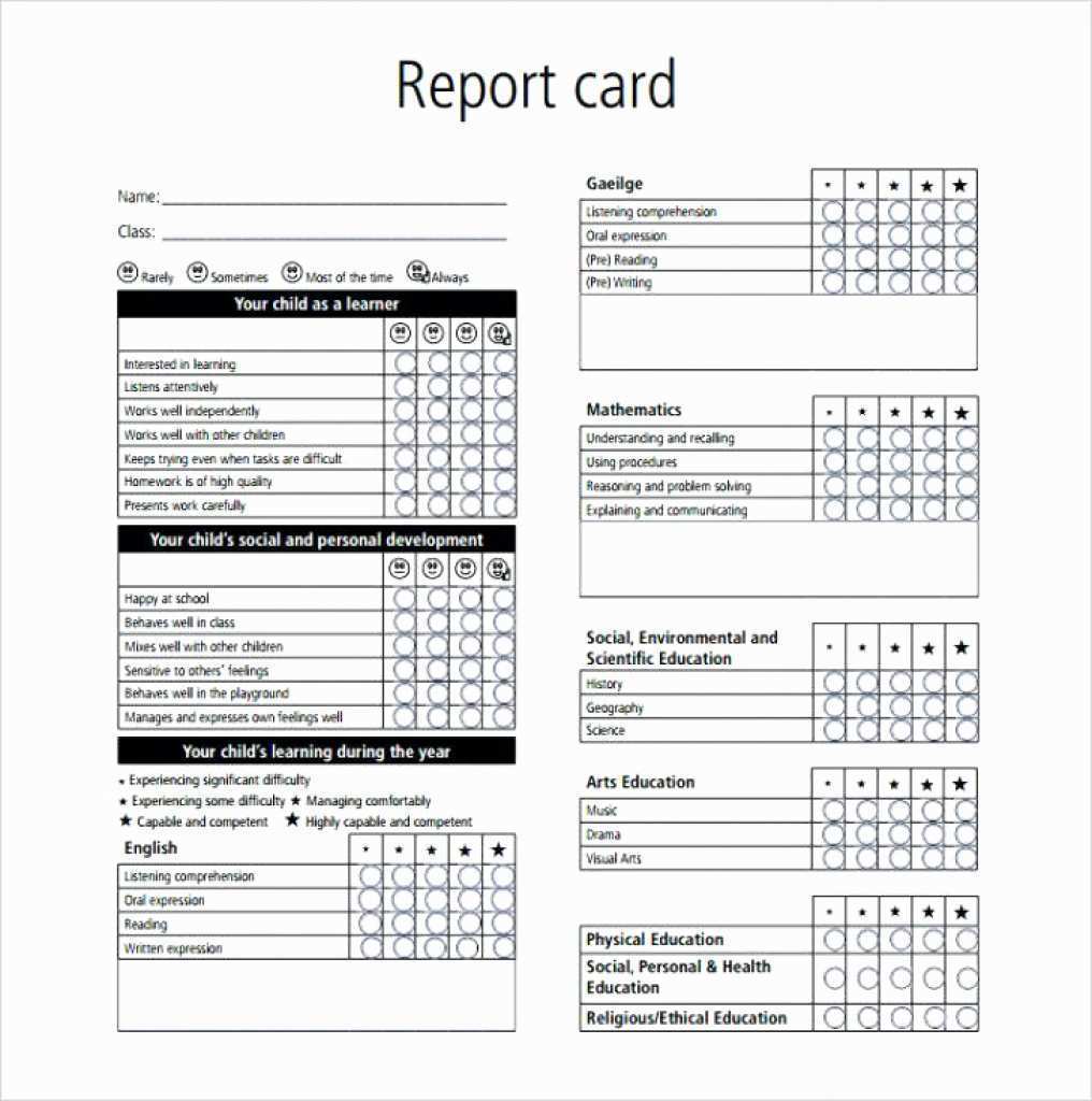 Report Card For Kindergarten