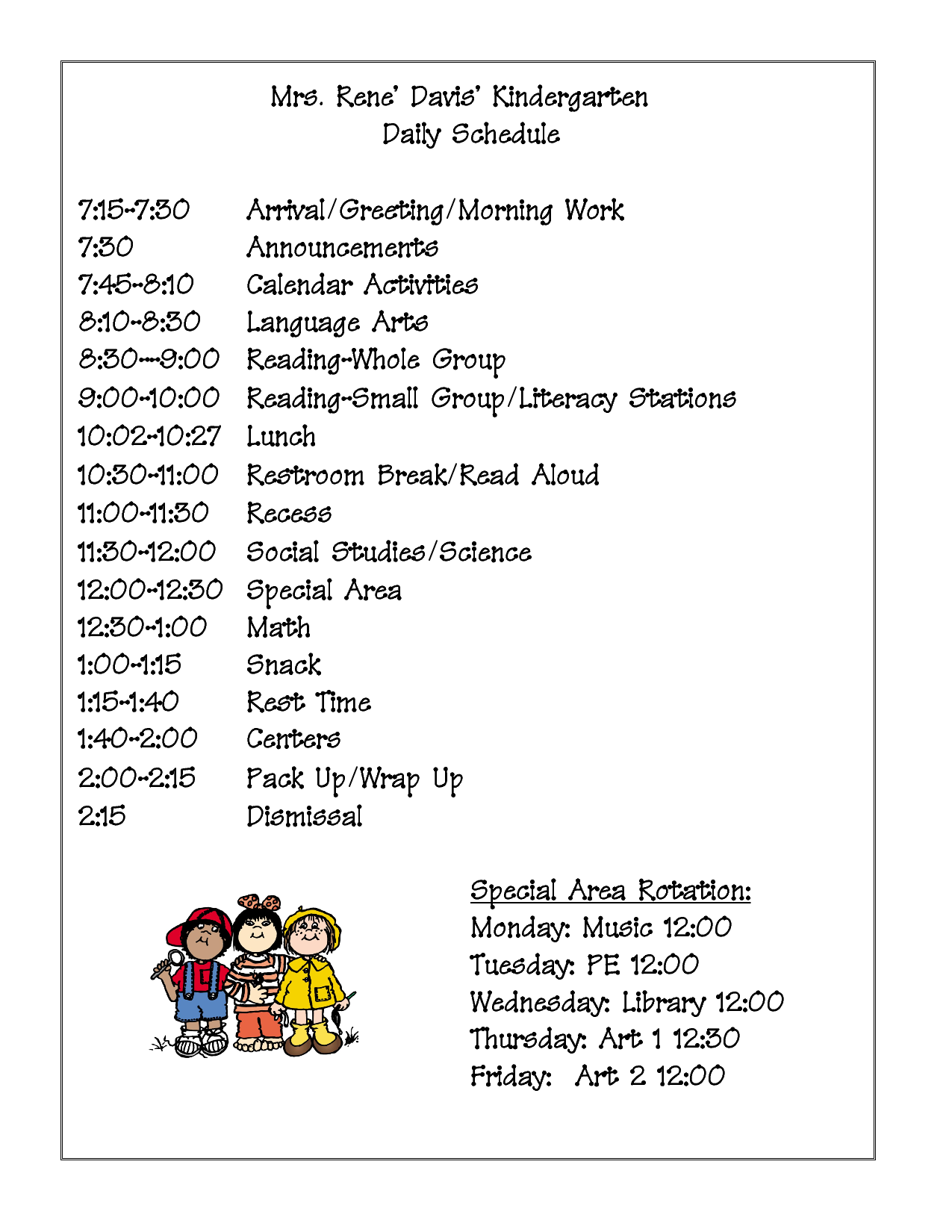 Kindergarten Class Schedule Template Cards Design Templates