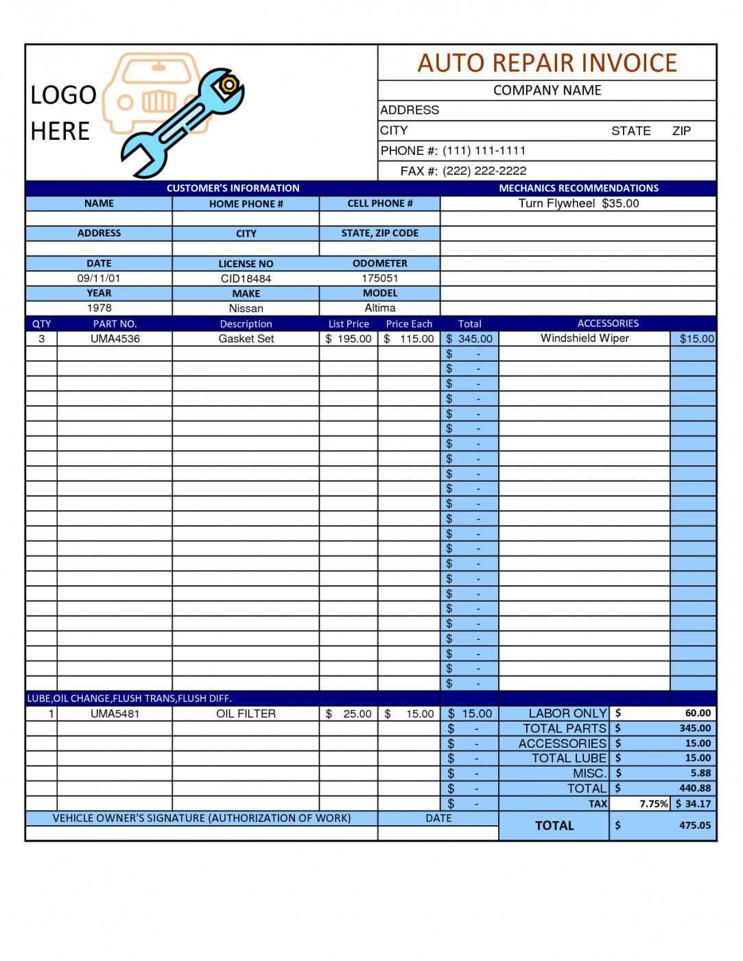 Car Repair Invoice Template Excel Cards Design Templates