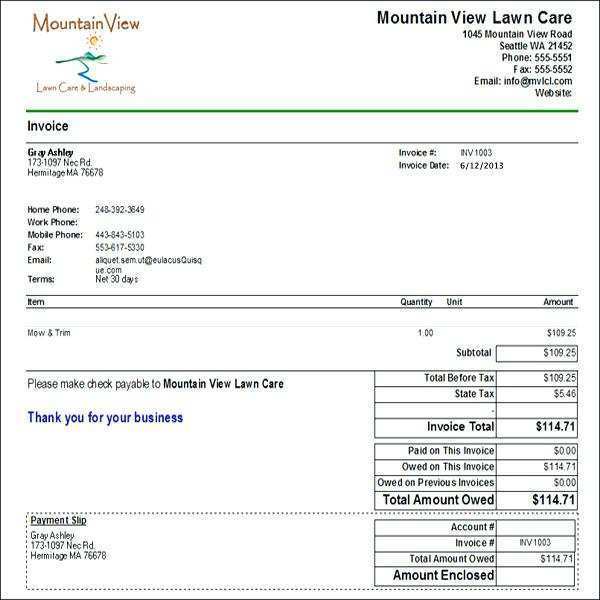 Lawn Service Invoice Template Cards Design Templates