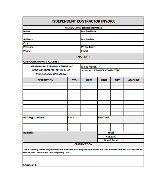 72 Printable Construction Contractor Invoice Template for Ms Word by Construction Contractor Invoice Template