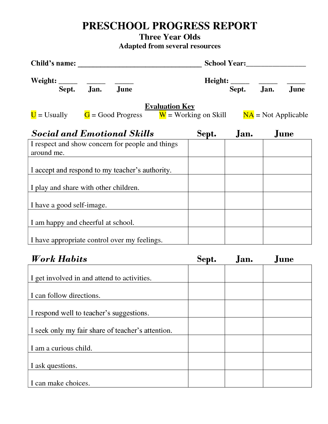 22 Free Printable Free Printable Preschool Report Card Template Inside Blank Report Card Template