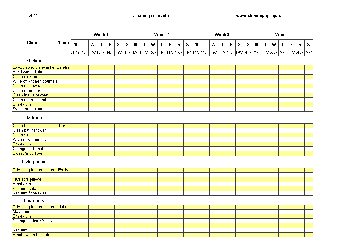 Weekly Cleaning Schedule Excel