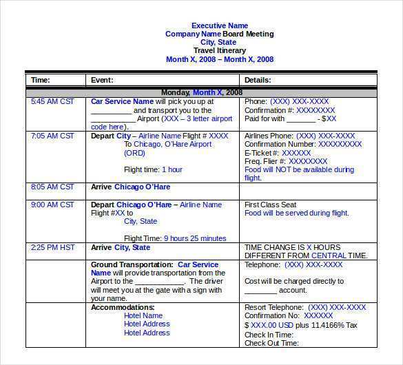travel itinerary template for executives