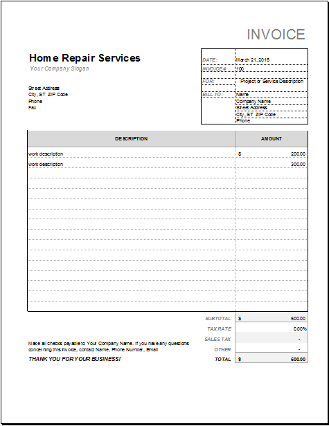 house repair invoice template cards design templates