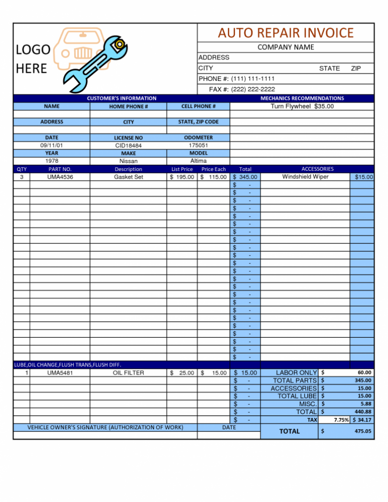 Computer Repair Invoice Template Excel Cards Design Templates