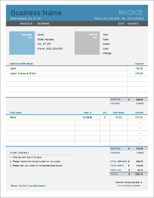 Auto Garage Invoice Template Cards Design Templates