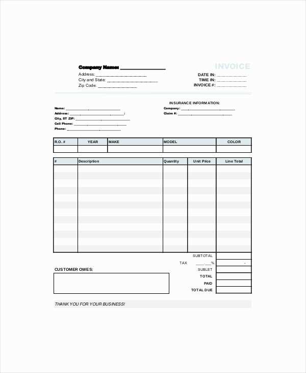 auto glass repair invoice template cards design templates