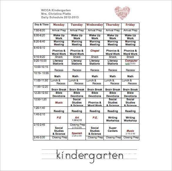 93 Standard Kindergarten Class Schedule Template Maker for Kindergarten Class Schedule Template