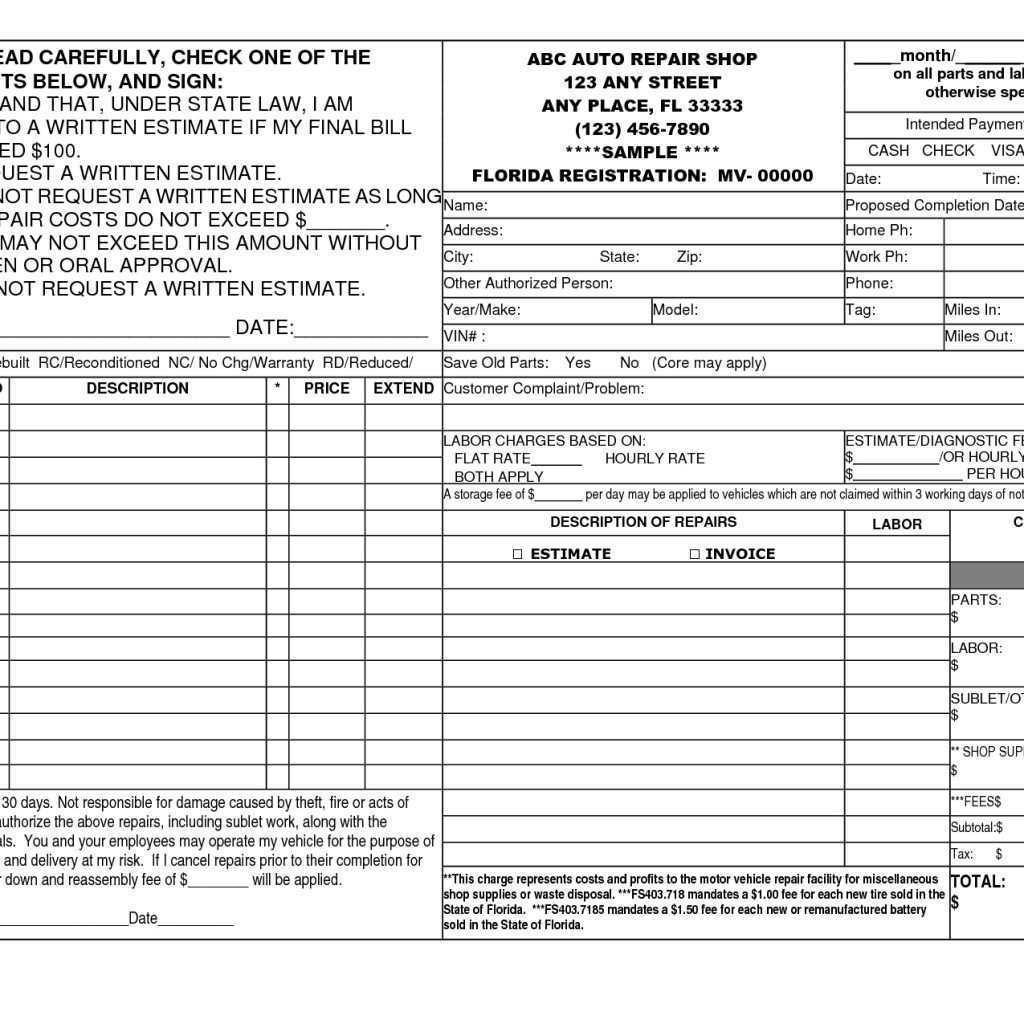 auto repair invoice template microsoft office cards